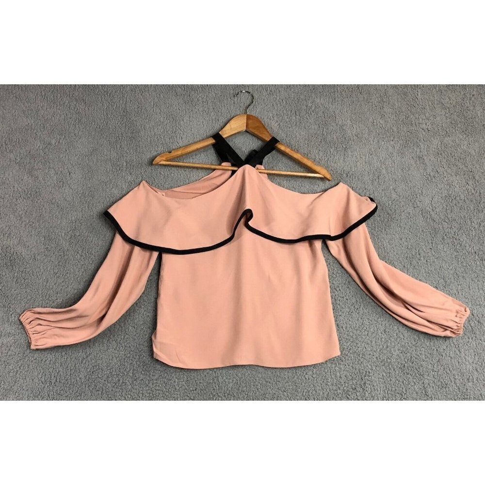 Alexis Malia Dusty Pink Cold Shoulder Choker Blouse Ribbon Tie XS‎ Designer - Picture 2 of 12
